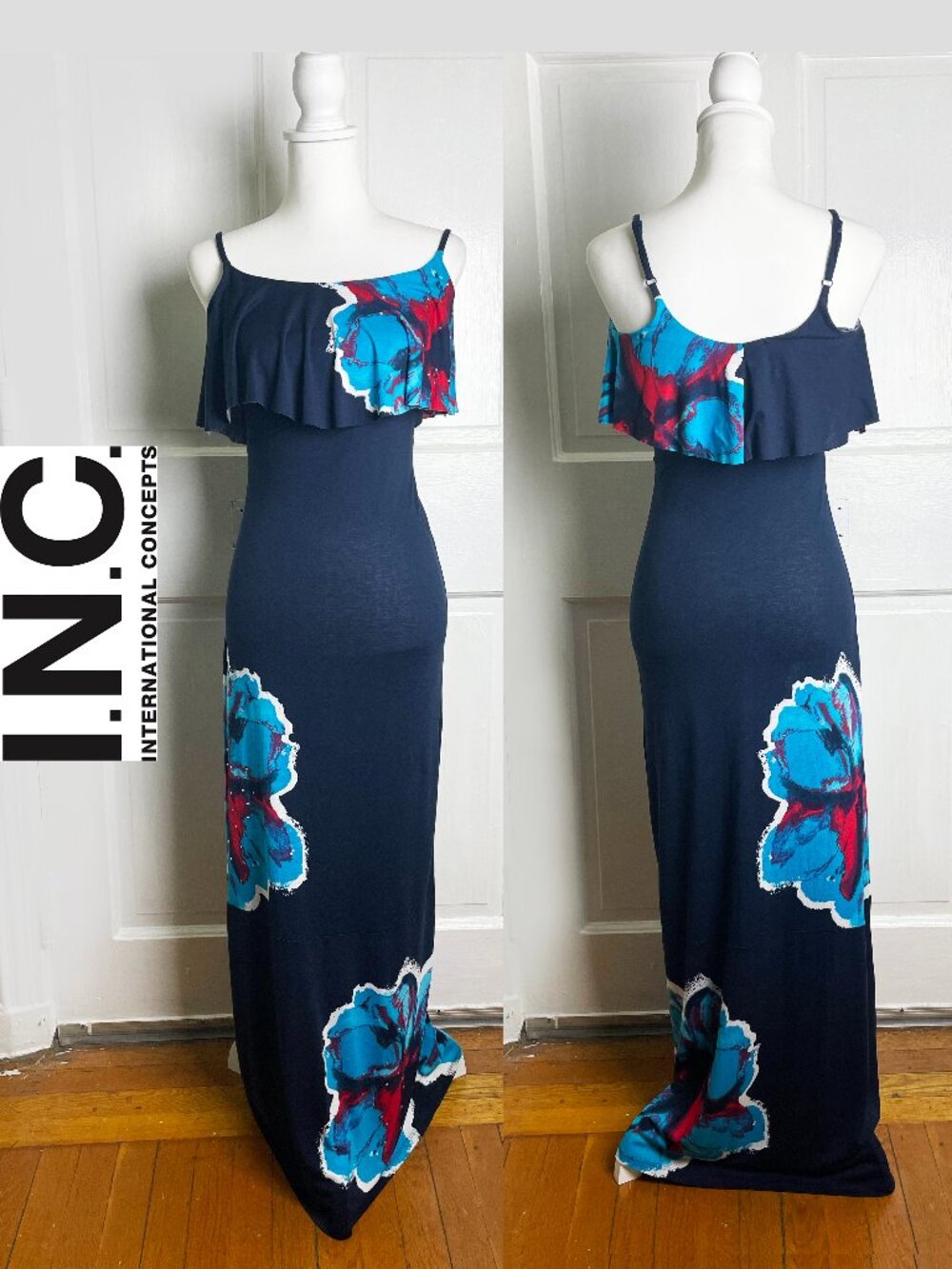 INC International Concepts Blue Floral Ruffle Maxi Dress Size XS EUC